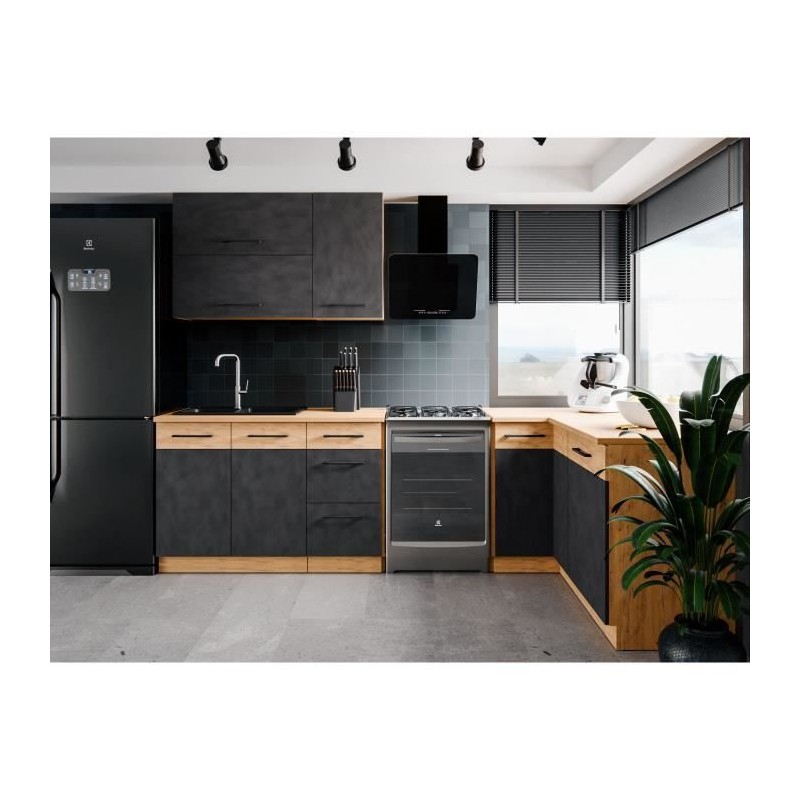 Cuisine complete d'angle ROCK 268 x 148 cm - Angle réversible - Décor chene et gris matera - Plan de travail non inclus