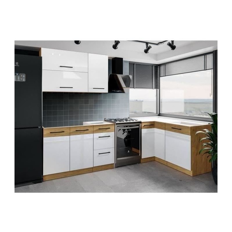 ROCK – Komplette Eckküche – Lancelot-Eiche-Melamin und Matera-Grau – 270 x 150 cm