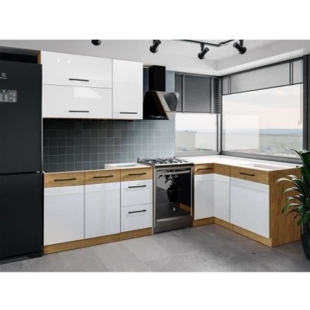 ROCK – Komplette Eckküche – Lancelot-Eiche-Melamin und Matera-Grau – 270 x 150 cm