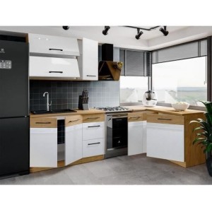 ROCK – Komplette Eckküche – Lancelot-Eiche-Melamin und Matera-Grau – 270 x 150 cm