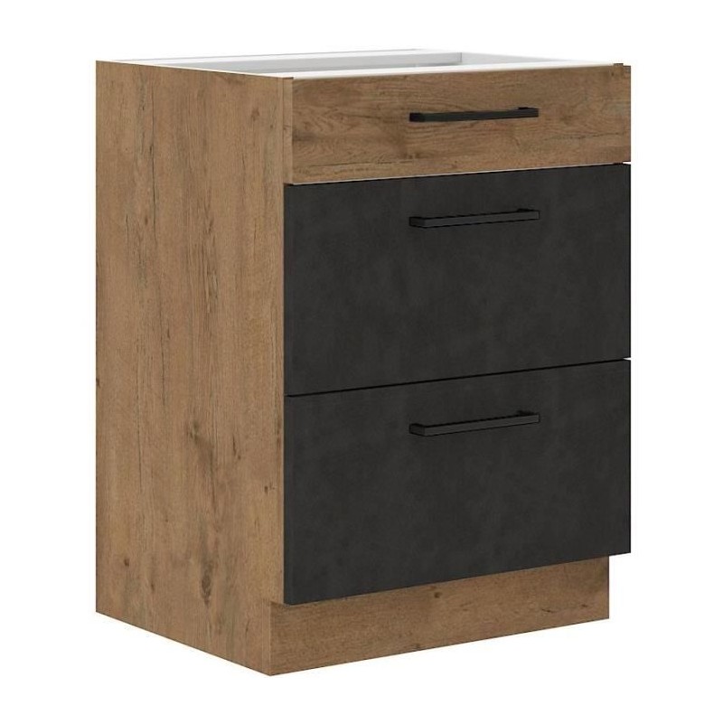 Meuble casserolier ROCK - Mélaminé décor chene lancelot et gris matera - 3 tiroirs - L60 x H82 cm