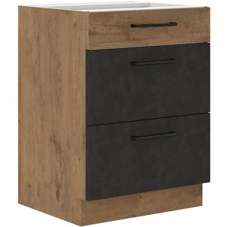 ROCK Kochtopfschrank – Melamin mit Dekor aus Lancelot-Eiche und Materagrau – 3 Schubladen – L60 x H82 cm