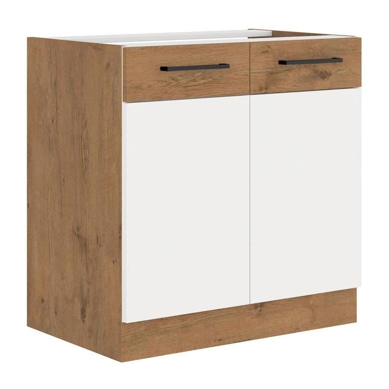 ROCK - Low cabinet - Lancelot oak and white melamine decor - 80 cm - 2 hinged doors - Worktop not included