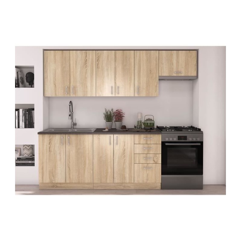 SARA Cuisine complete modulable - 7 éléments - Décor chene sonoma - L 240 cm - Plan de travail non inclus