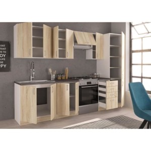 SARA Cuisine complete modulable - 8 éléments - Décor chene sonoma - L 300 cm - Plan de travail non inclus