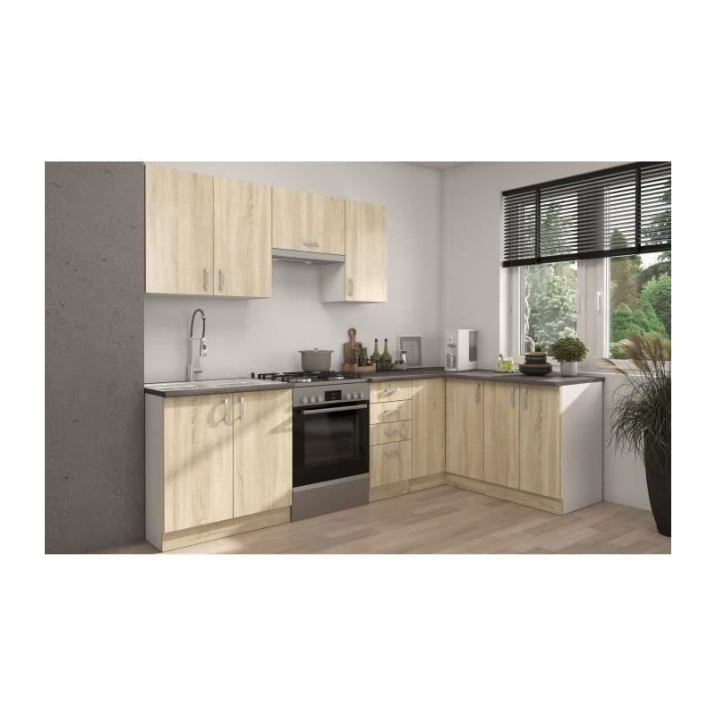 SARA Cuisine complete modulable - Angle réversible - 7 éléments - Décor chene sonoma - L270 x L148 cm - Plan de travail non