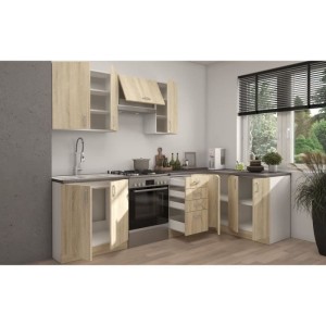 SARA Cuisine complete modulable - Angle réversible - 7 éléments - Décor chene sonoma - L270 x L148 cm - Plan de travail non