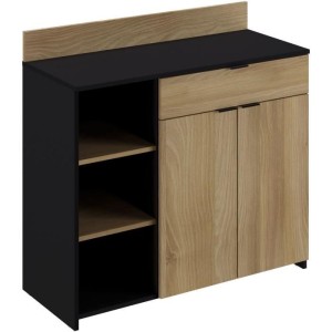 Küchenbuffet - 2 Türen + 1 Schublade - Chene und schwarzes Melamin - L 100 x D 42 x H 95 cm