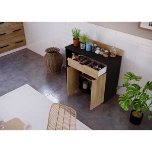 Küchenbuffet - 2 Türen + 1 Schublade - Chene und schwarzes Melamin - L 100 x D 42 x H 95 cm