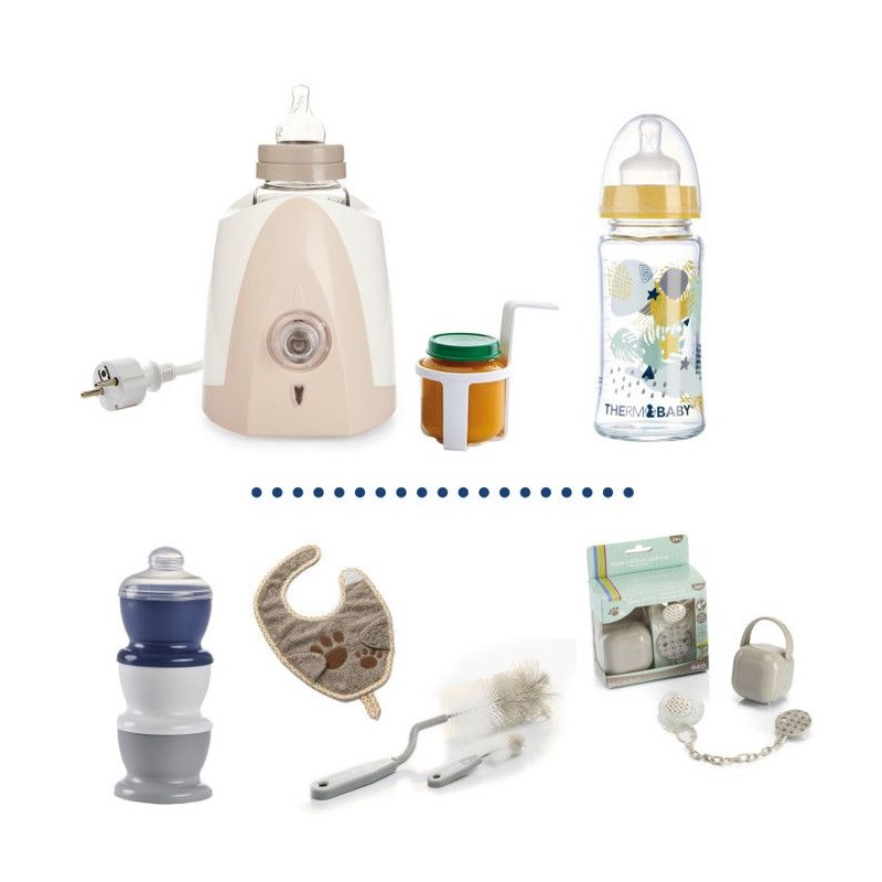 Biberon heater + 230ml glass bottle + bottle bottle + Dosseuse box of milk + bib + box lollipop box