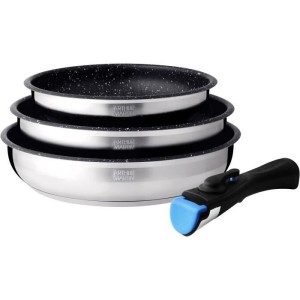 Set of 3 frying pans - Arthur Martin - AM2196 - 20-24-26 cm - Stainless steel - Removable handle - All hobs including induction