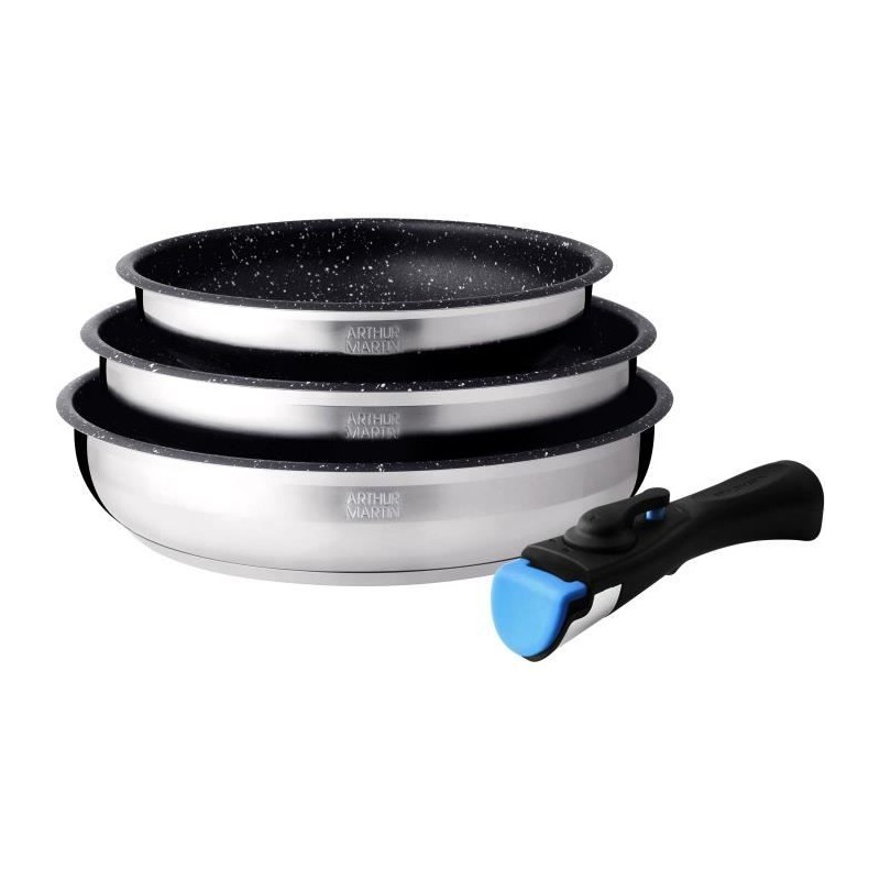 3er-Set Bratpfannen - Arthur Martin - AM2196 - 20-24-26 cm - Edelstahl - Abnehmbarer Griff - Alle Herdarten, auch Induktion