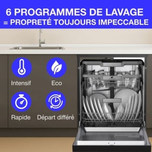 Lave-vaisselle pose-libre - CONTINENTAL EDISON - CELV1544IBP - 15 couverts - Inverter - 60 cm - 42 dB - Noir mat