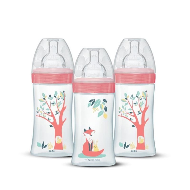 3er-Set Babyflaschen - DODIE - EB20 - 270 ml - Flacher Sauger - Rosa