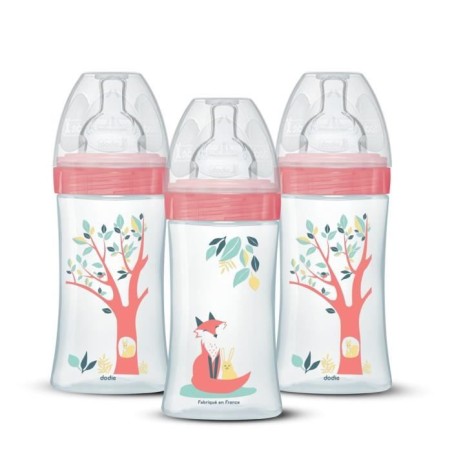 3er-Set Babyflaschen - DODIE - EB20 - 270 ml - Flacher Sauger - Rosa