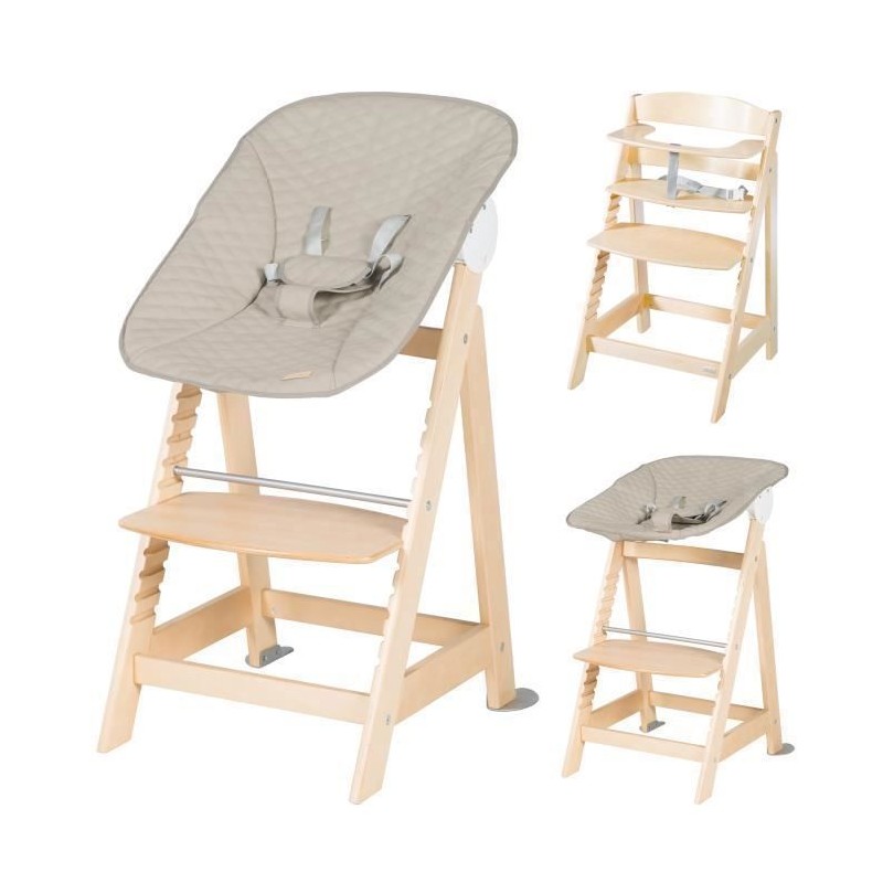 Chaise haute évolutive 2-en-1 - ROBA - BORN UP - Transat inclinable 'Greyish matelassé' inclus - Bois naturel