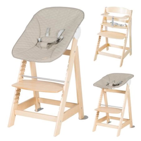 2-in-1-Hochstuhl – ROBA – BORN UP – Inklusive verstellbarem, grau gestepptem Sessel – Naturholz
