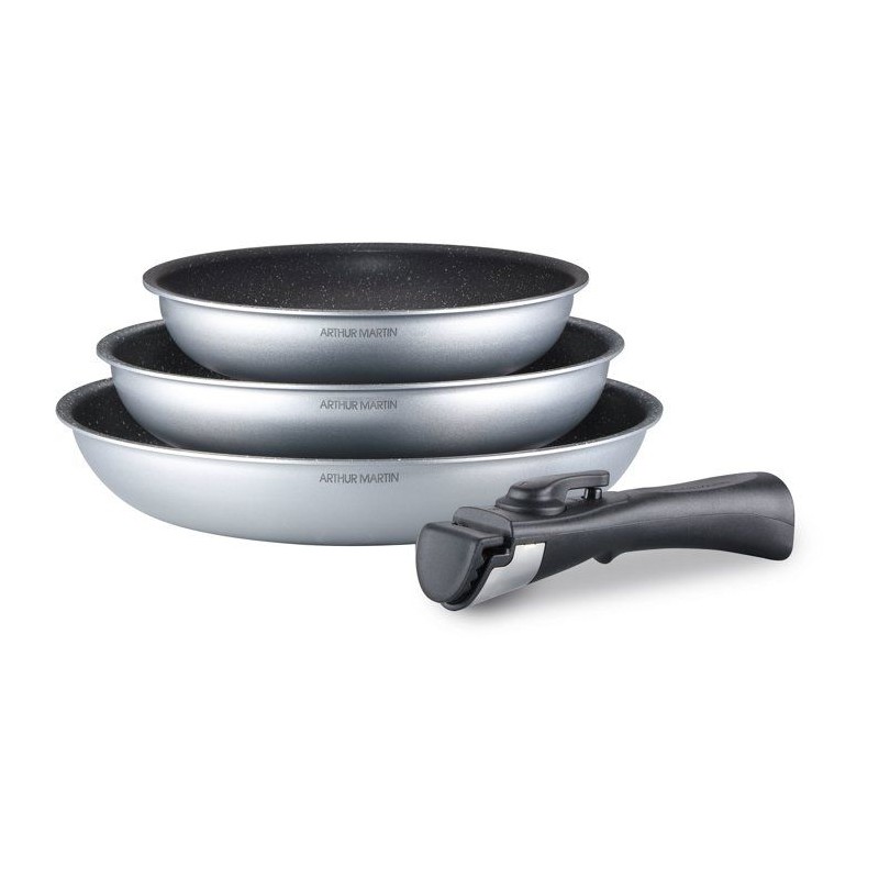 Batterie de cuisine - Tous feux dont induction - Arthur Martin - AM521S - Aluminium - Anti-adhérent - 3 pieces - Poignée amovi
