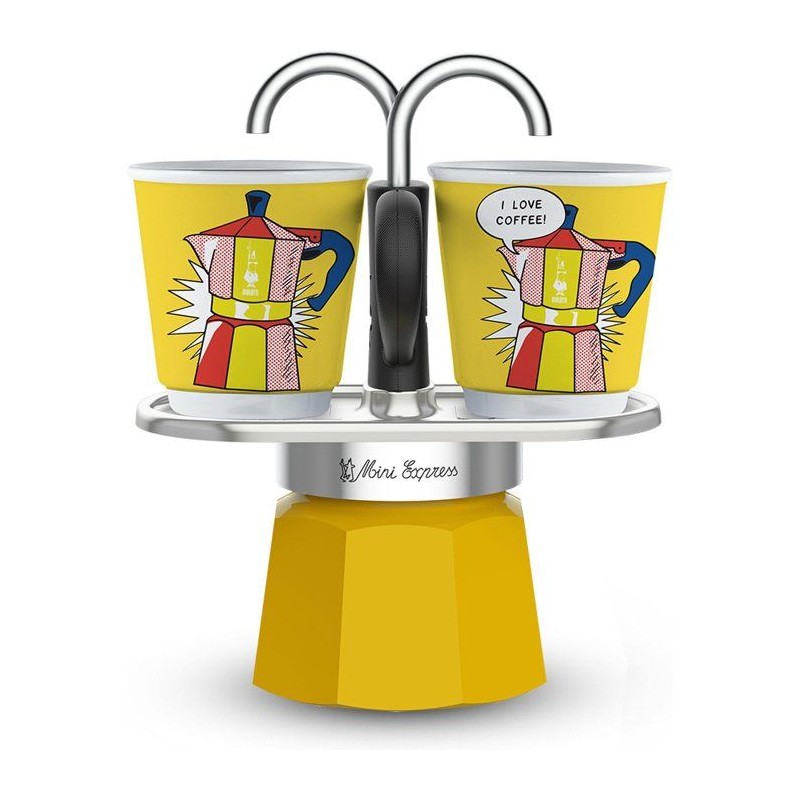 Set cafetiere italienne + 2 tasses - BIALETTI - Mini-express LICHTENSTEIN - 100 ml - Inox / Jaune