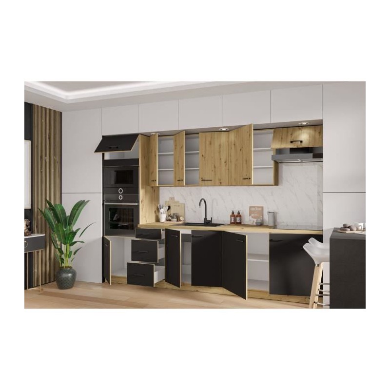 MODENA - Cuisine complete - 300 x 52 x 82 cm - Chene artisan / Noir mat - Plan de travail non inclus