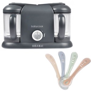 Babycook Duo Multifunktions-Küchenmaschine + Löffelset - BEABA - 6-in-1 Küchenmaschine, Dunkelgrau - Silikonlöffel für Baby