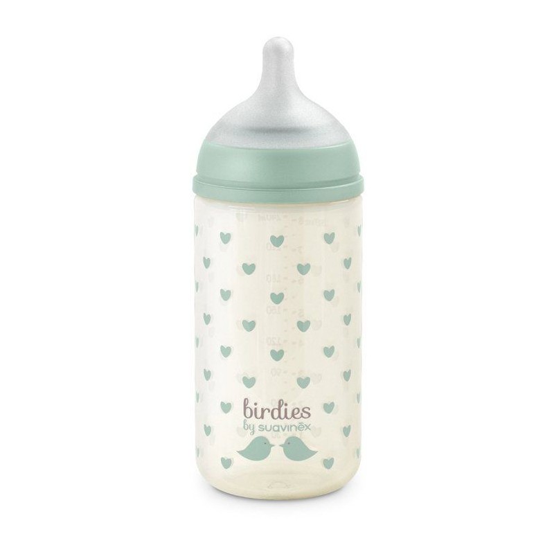 Biberon verre - SUAVINEX - Birdies - Tétine SX Pro S - 240 ml - 3 a 6 mois- Vert
