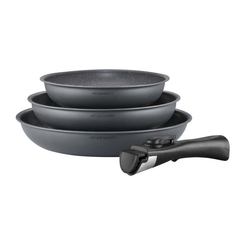 Arthur Martin AM521GM Küchenbatterie Set mit 3 Herden - Mattgrau 20-24-28 cm + 1 Abnehmbares Griff - Alle Lichter einschließli