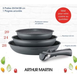 Arthur Martin AM521gm kitchen battery set with 3 stoves - matt gray 20-24-28 cm + 1 removable handle - All lights including indu