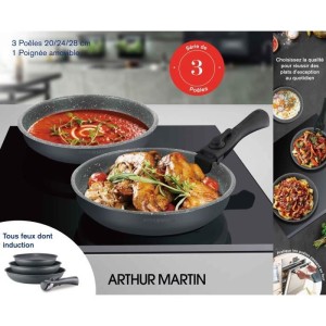 Arthur Martin AM521GM Küchenbatterie Set mit 3 Herden - Mattgrau 20-24-28 cm + 1 Abnehmbares Griff - Alle Lichter einschließli