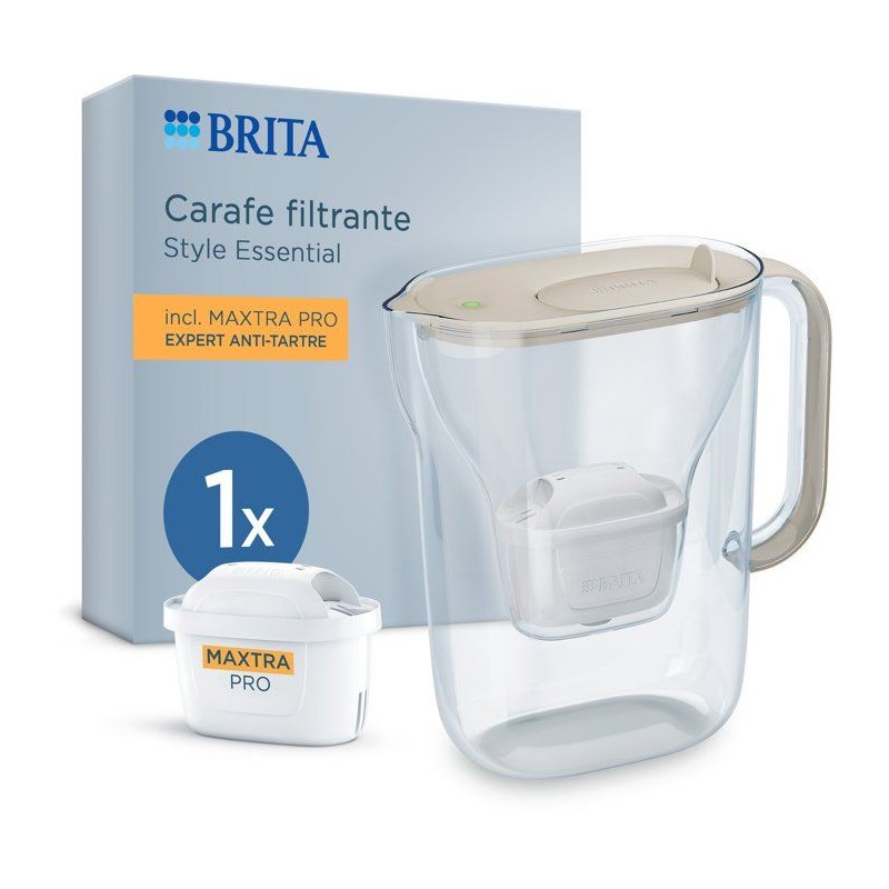 Carafe filtrante BRITA - Style Essential Sable - Capacité 2,4L dont 1,4L d'eau filtrée - 1 mois MAXTRA PRO EXPERT ANTI-TARTRE