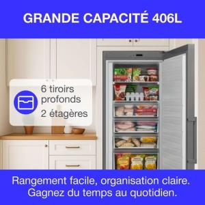405L-Gefrierschrank – Total No Frost – automatische Abtauung – Klasse E – L70 cm x H191 cm x T75,5 cm – Edelstahl