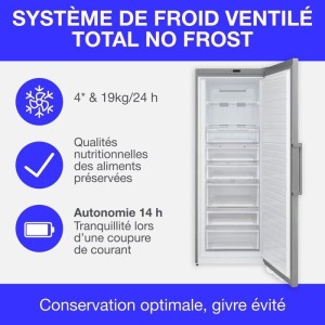 Congélateur armoire 406L -Total No Frost - dégivrage automatique - Classe E - L70 cm x H191 cm x P75,5 cm - Inox