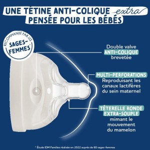 Biberon anti-colique - DODIE - 270 ml - Tétine multi-perforée biomimétisme - +3 mois - Débit 2 - Bleu