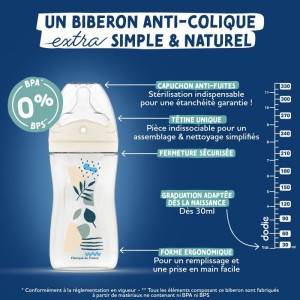 Biberon anti-colique - DODIE - 270 ml - Tétine multi-perforée biomimétisme - +3 mois - Débit 2 - Bleu