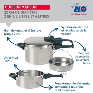 Dampfdruckkochtopf - FACKELMANN - Elo Praktika Plus XL - Edelstahl 18/10 - 22 cm - 3 bis 6 Liter