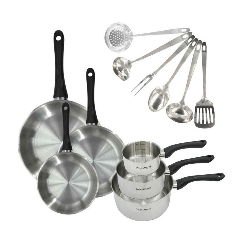 Batterie de cuisine a induction - FACKELMANN - Geneva - Inox 18/8 - 12 pieces - 3 poeles, 3 casseroles et 6 ustensiles