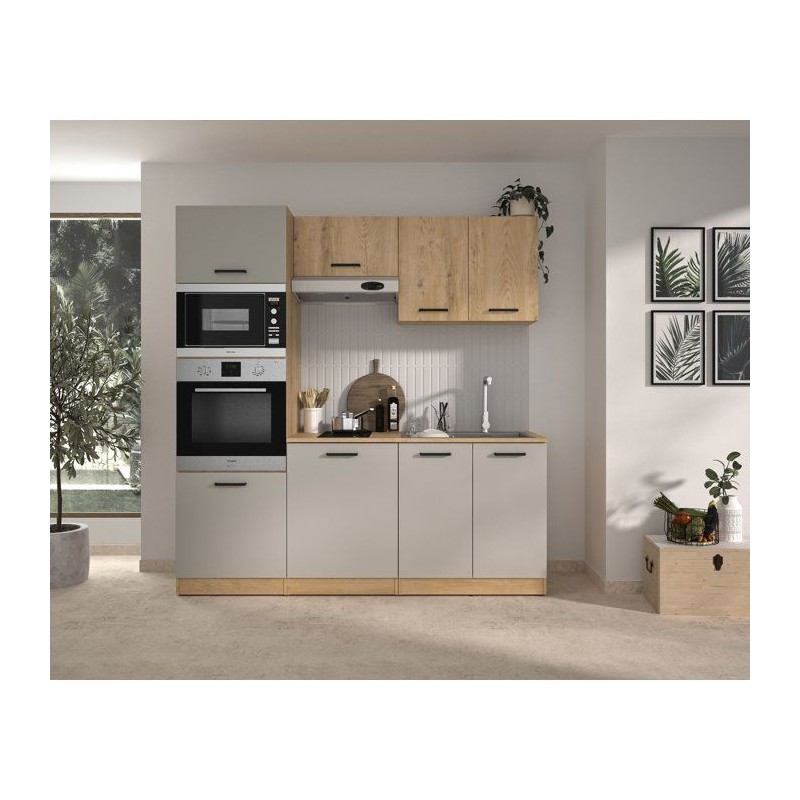 ALPAGA - Cuisine complete - Chene silva / Grege - 200 x 60/31 x 211 cm - Avec colonne four et plan de travail - GAMI