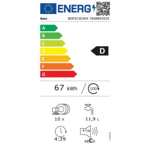 Lave-vaisselle pose libre BEKO BDFS15030X - 10 couverts - Induction - L45 cm - 47 dBA - Classe D - Inox Anti-trace