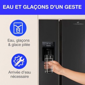 Réfrigérateur américain - CONTINENTAL EDISON - CERANF556B1 - Distributeur eau / glaçons - Classe E - 91,1 x 70,6 x 178 cm -