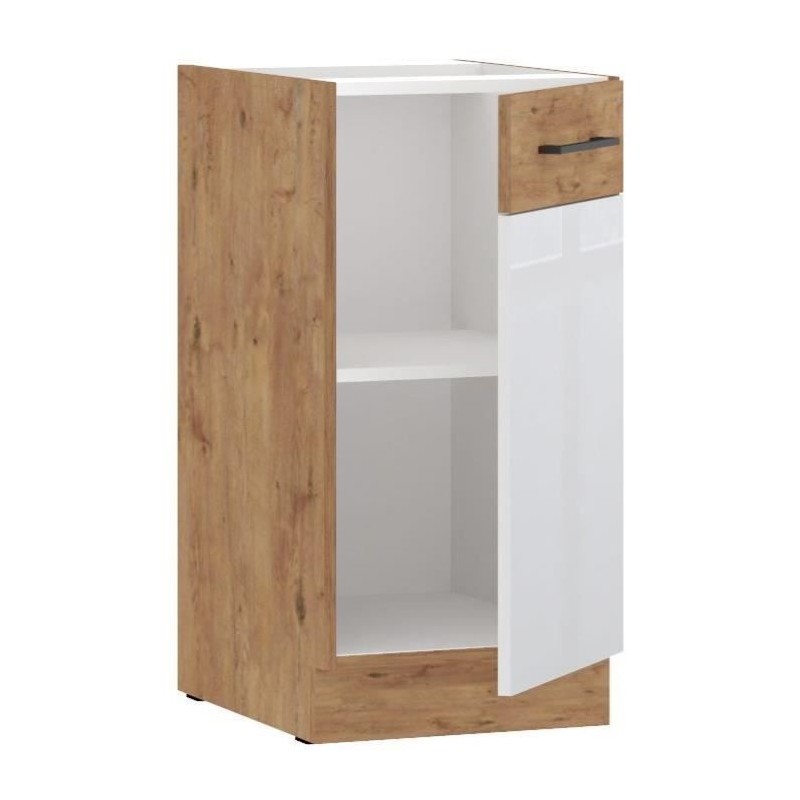 ROCK - Meuble bas - Mélaminé chene Lancelot et Blanc brillant - 40 cm - 1 porte battante - Plan de travail non inclus