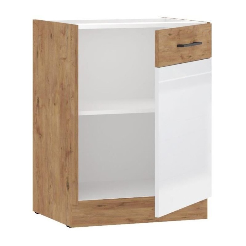 ROCK - Meuble bas - Mélaminé chene Lancelot et Blanc brillant - 60 cm - 1 porte battante - Plan de travail non inclus