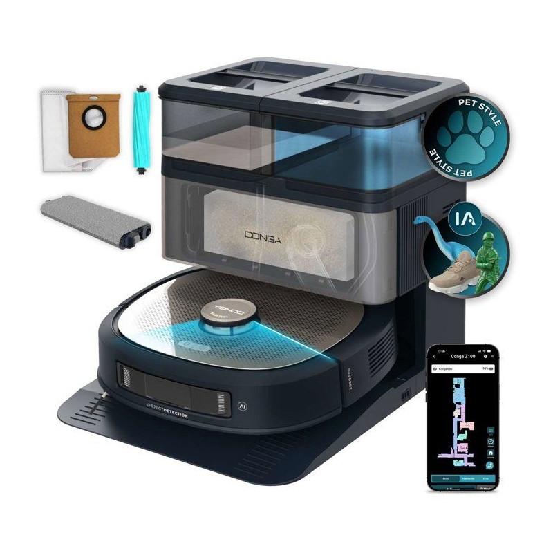Aspirateur Robot Laveur - CECOTEC Conga Z100 - 20 000 Pa - Noir / Inox