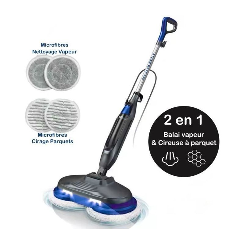 Dampfreiniger-Mopp - EZICLEAN - STEAM WAVE 360 - 1200 W - 24 g/min - 450 ml - Schwarz / Blau