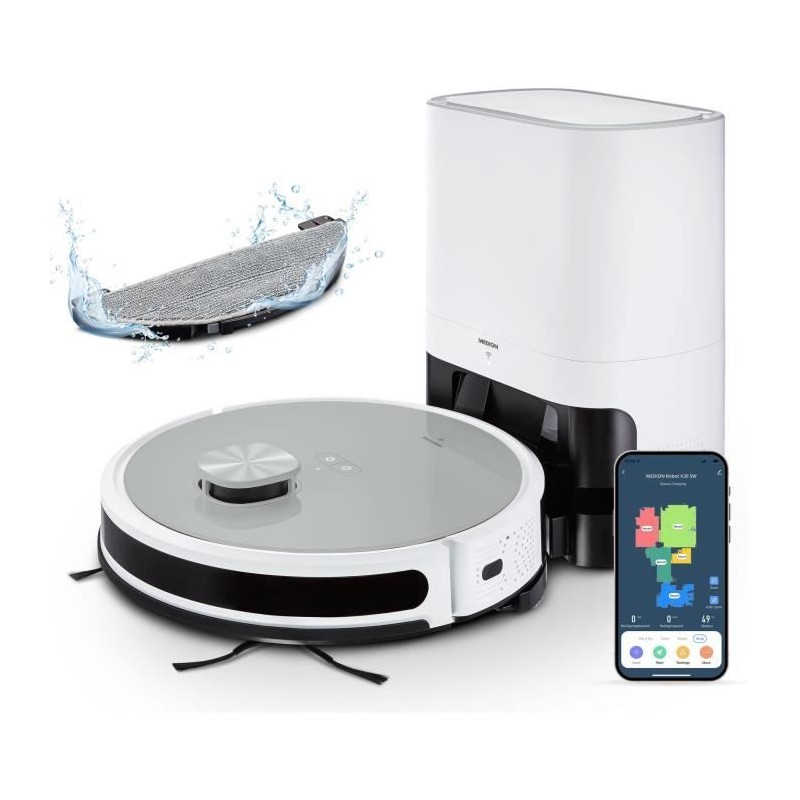 MEDION X21 SW - Robot Vacuum Cleaner with Drain Station - Laser Navigation - Power 3000 Pa