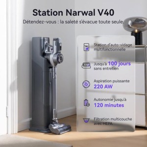 NARWAL V40 Station - Aspirateur Balai sans Fil - 28000 PA - Station d'aspiration Auto - Autonomie 120Min - Anti-emmelement des P
