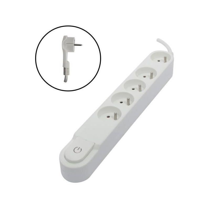 CHACON Bloc multiprise 5 prises 16 A avec interrupteur, fiche plate, câble 1,5 m HO5VV-F 3x1,5 mm² blanc