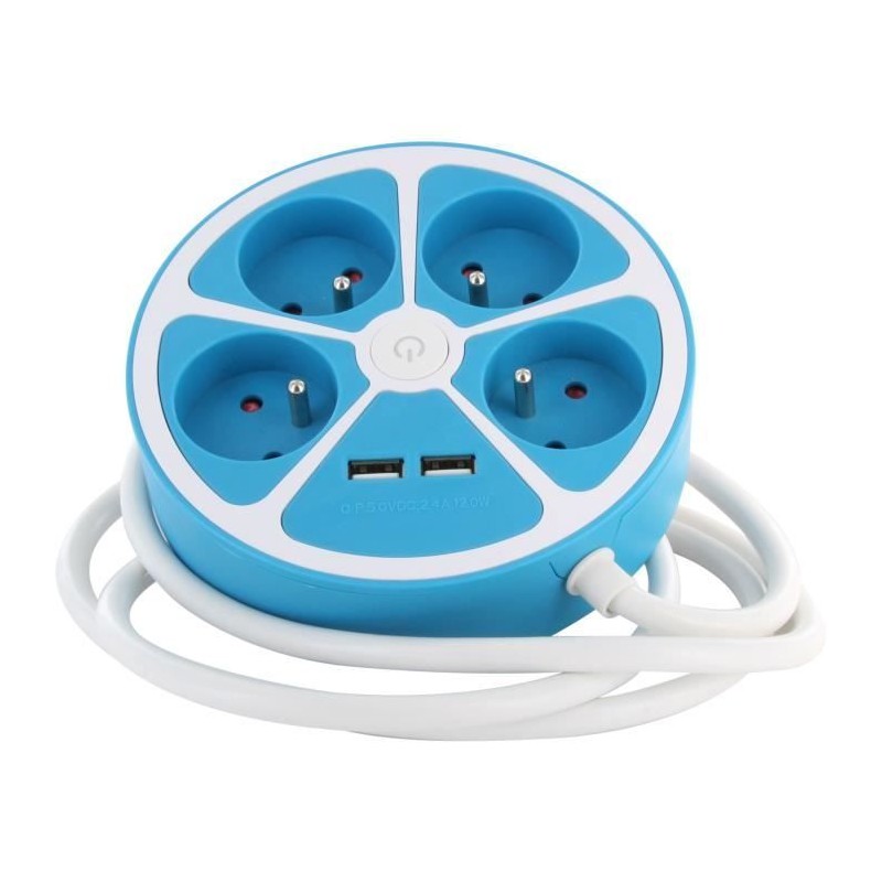 Steckdosenleiste im runden Design – CHACON – 4X16 A – 1,5 m Kabel – mit 2 USB-A + Schalter – Blau