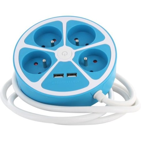 Steckdosenleiste im runden Design – CHACON – 4X16 A – 1,5 m Kabel – mit 2 USB-A + Schalter – Blau