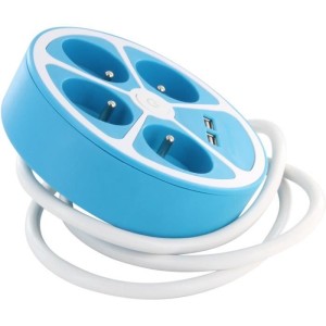 Circular design power strip - CHACON - 4X16 A - 1.5 m cord - With 2 USB-A + Switch - Blue