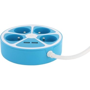 Steckdosenleiste im runden Design – CHACON – 4X16 A – 1,5 m Kabel – mit 2 USB-A + Schalter – Blau